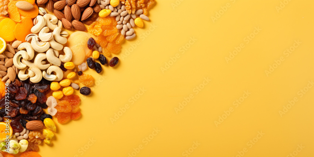Top view of mixed nuts and dried fruits on a light yellow background. With peanuts, cashews, hazelnuts, almonds, pumpkin seeds, raisins, dried apricots. Healthy nutrition concept