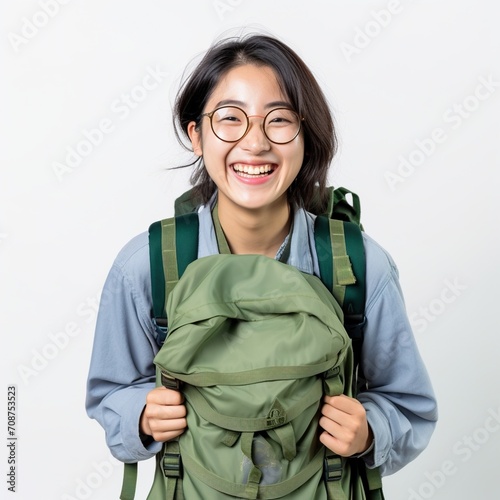 portrait of a young asian woman with a backpack photo