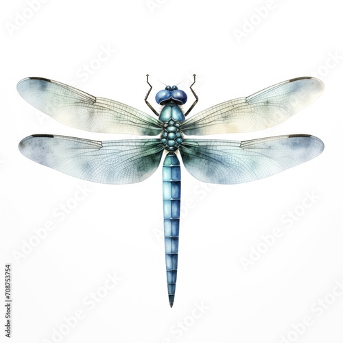 Watercolor illustration of blue dragonfly on white background