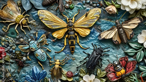  a close up of a group of bugs on a surface with flowers and leaves on it and a bug in the middle of the picture, and a bug in the middle of the middle of the picture.