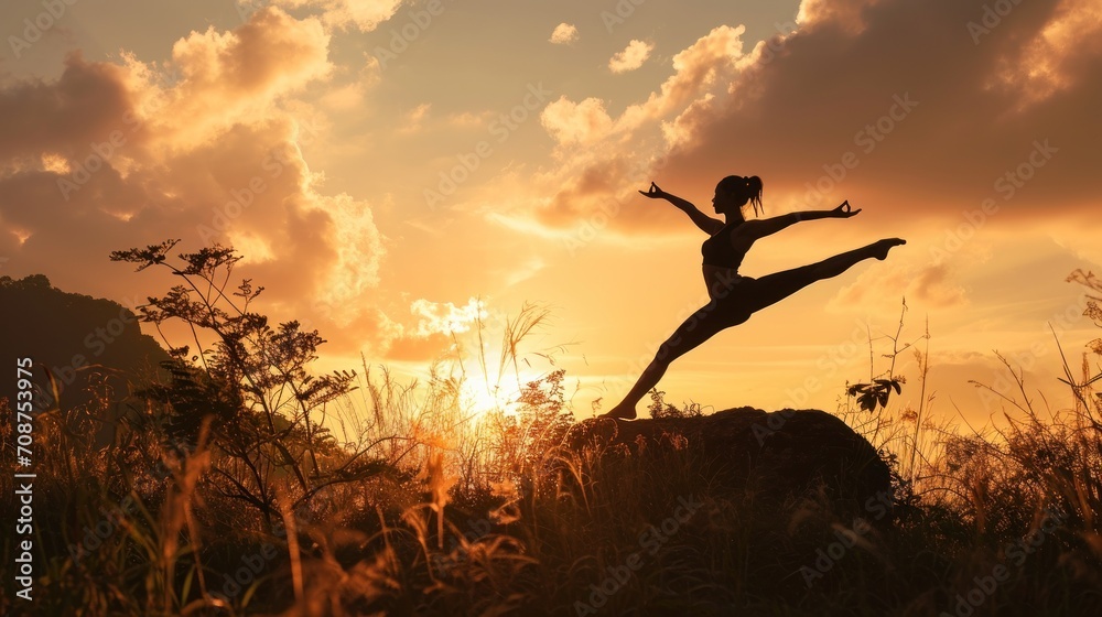 a woman standing on a rock in a field with the sun setting behind her and her arms in the air and her leg in the air as she is dancing. a woman standing on a rock in a field with the sun setting behind her and her arms in the air and her leg in the air as she is dancing.