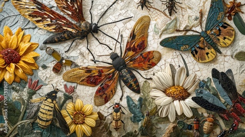  a close up of a bunch of bugs on a wall with flowers and bugs on it and a butterfly on the side of the wall and a sunflower on the other side of the wall.