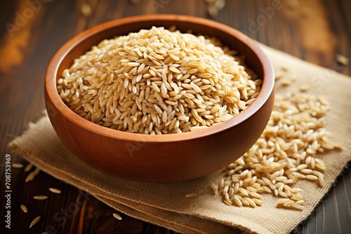 A wooden bowl filled with brown rice photo