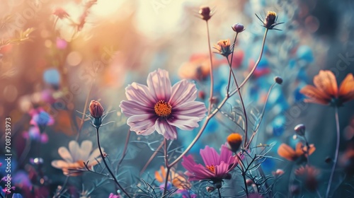  a field filled with lots of purple and yellow flowers on top of a lush green forest filled with lots of purple and yellow flowers on the top of the field.