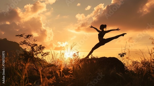  a woman standing on a rock in a field with the sun setting behind her and her arms in the air and her leg in the air as she is dancing.