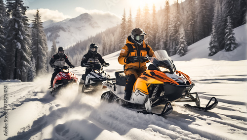 Racers ride a snowmobile in a winter suit in a beautiful magnificent snowy forest, mountains travel © tanya78