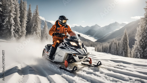 Racers ride a snowmobile in a winter suit in a beautiful magnificent snowy forest, mountains driving © tanya78