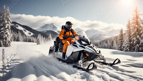 Racers ride a snowmobile in a winter suit in a beautiful magnificent snowy forest, mountains speed © tanya78