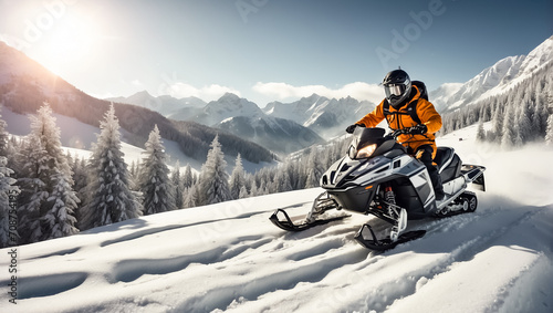 Racers ride a snowmobile in a winter suit in a beautiful magnificent snowy forest, mountains adventure © tanya78