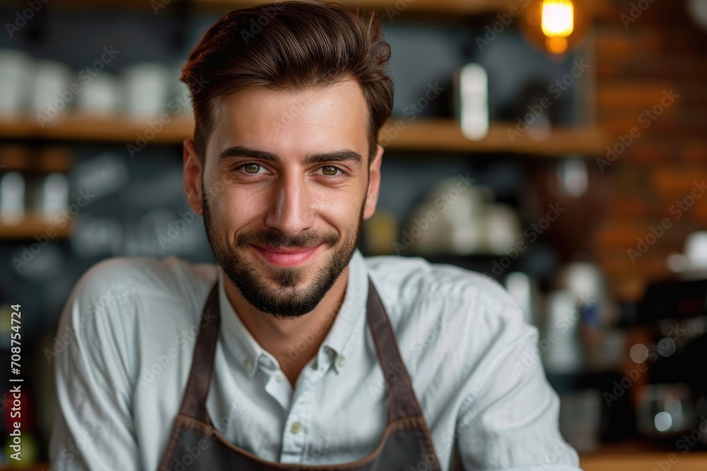 Close-up studio portrait of a man with a charming, barista look, wearing an apron and holding a coffee cup, isolated on a café background Close-up studio portrait of a man with a charming, barista look, wearing an apron and holding a coffee cup, isolated on a café background