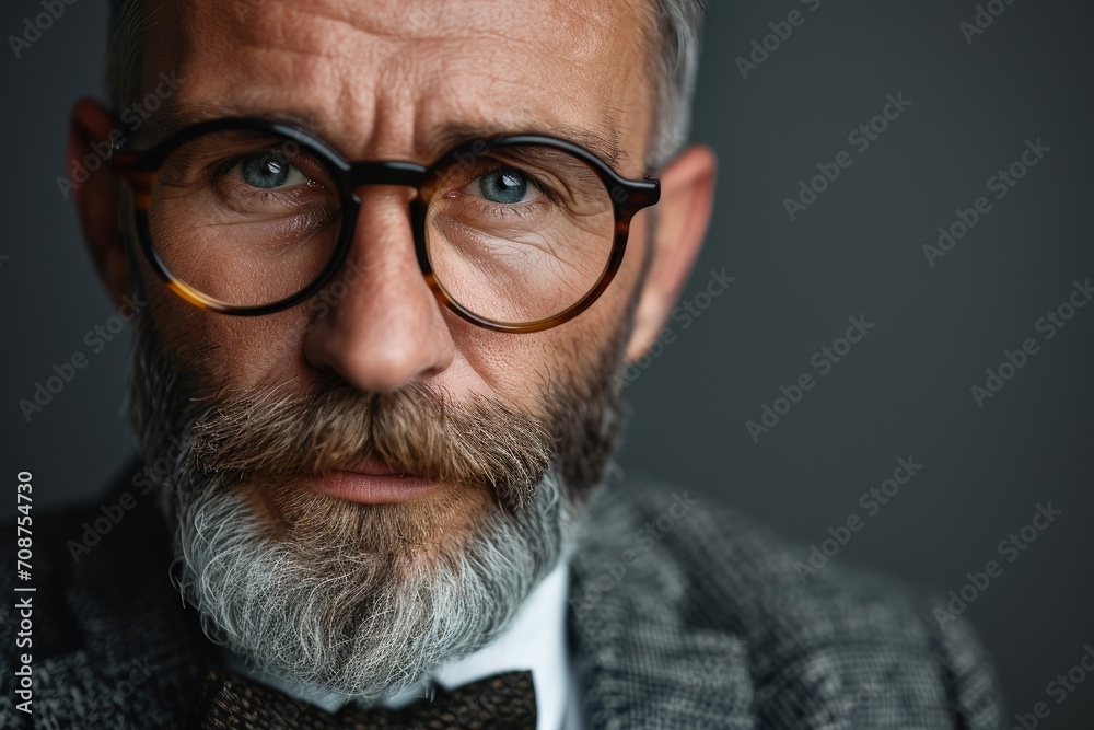 Close-up studio portrait of a man with a classic gentleman's look, wearing a bow tie and monocle, isolated on a sophisticated grey background Close-up studio portrait of a man with a classic gentleman's look, wearing a bow tie and monocle, isolated on a sophisticated grey background