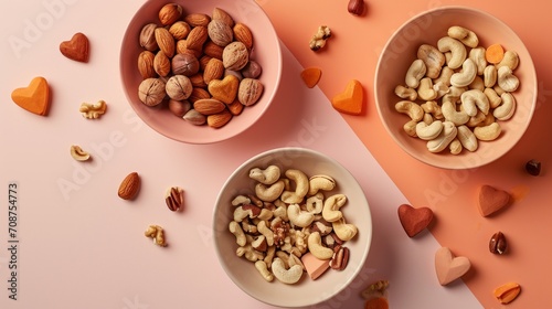  a couple of bowls filled with nuts on top of a pink and orange surface with hearts on the side of the bowls and a couple of nuts in the same bowl.