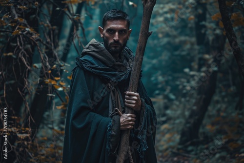 Close-up studio portrait of a man with a mystical, wizard look, featuring a long robe and staff, isolated on a magical forest background