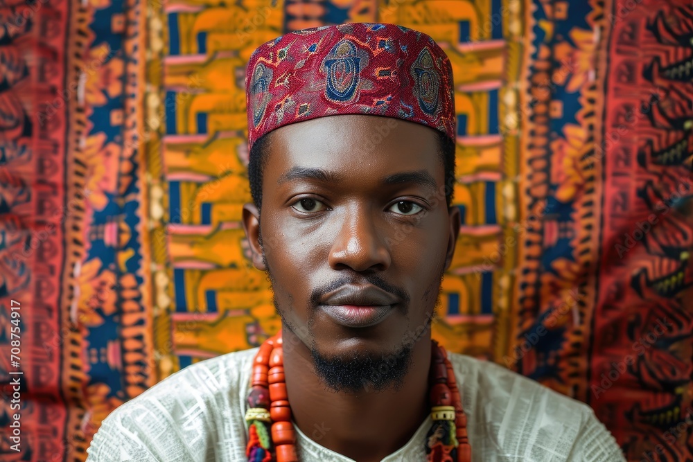 Close-up studio portrait of a man with a traditional, cultural look, wearing ethnic attire, isolated on a patterned background