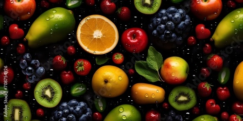 Seamless texture pattern background of healthy fruits and vegetables drops of water isolated on black background