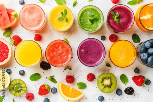 glasses of various smoothies with straws for healthy dieting breakfast. Vibrant smoothie bowls adorned with assorted toppings. Assorted fruits prepared for smoothie  healthy for our organism  full of 