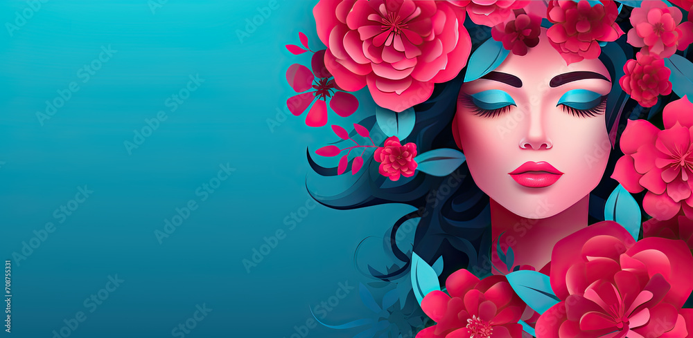 8th March. Happy International Women's day with portrait young woman, flowers and empty space for text. Romantic floral composition. Flowers in hair. Dark turquoise, light red