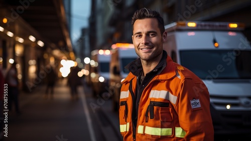 portrait of a smiling male paramedic in uniform standing in front of an ambulance at night