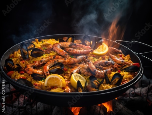  a large skillet of paella with shrimp, mussels, and lemon wedges is cooking over an open flame in a dark room with a black background.
