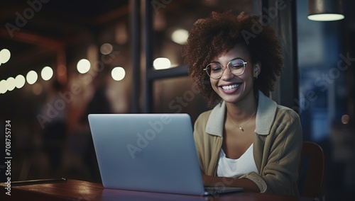 Black woman smiling while using laptop at night photo