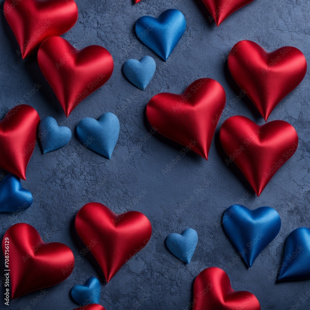 Blue and Red silk hearts on a Blue color background