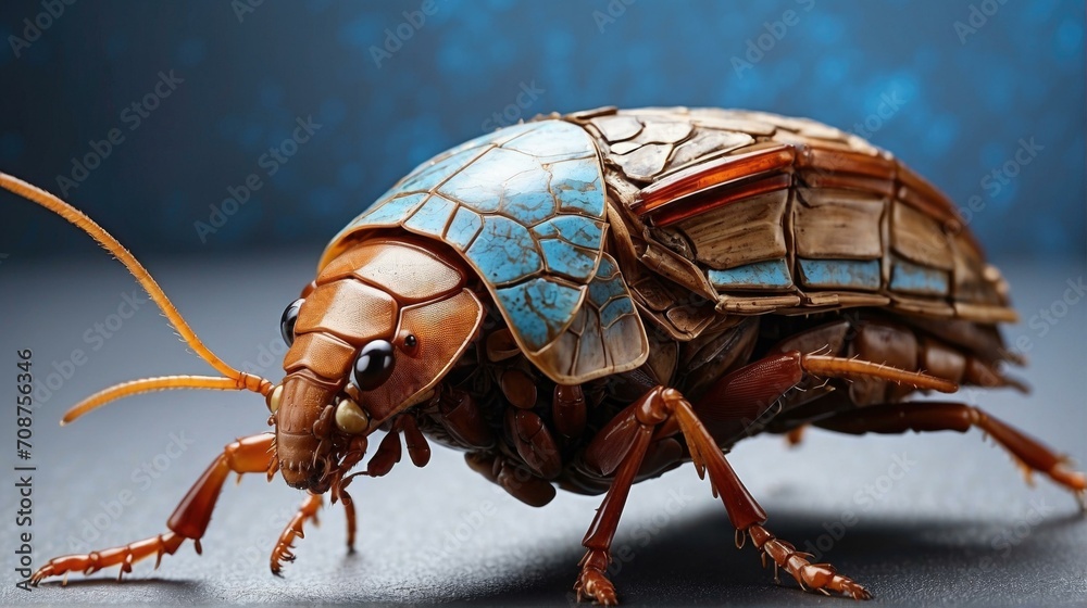 A bug with blue and brown stripes on its back. Generative AI. - obrazy, fototapety, plakaty 