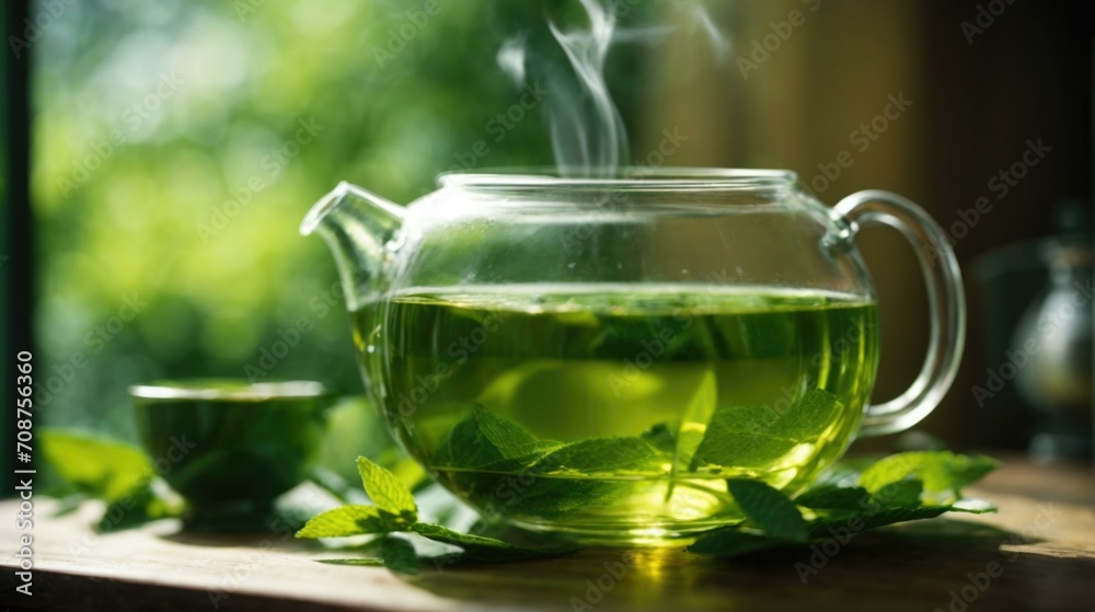 Green tea with leaves on a wooden table. Generative AI. Green tea with leaves on a wooden table. Generative AI.