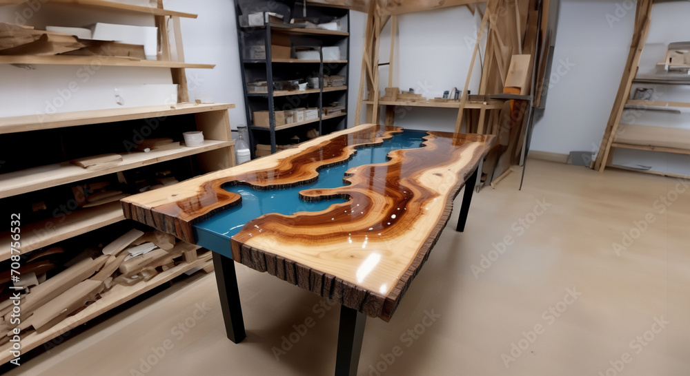 wooden table in solid oak with epoxy resin.