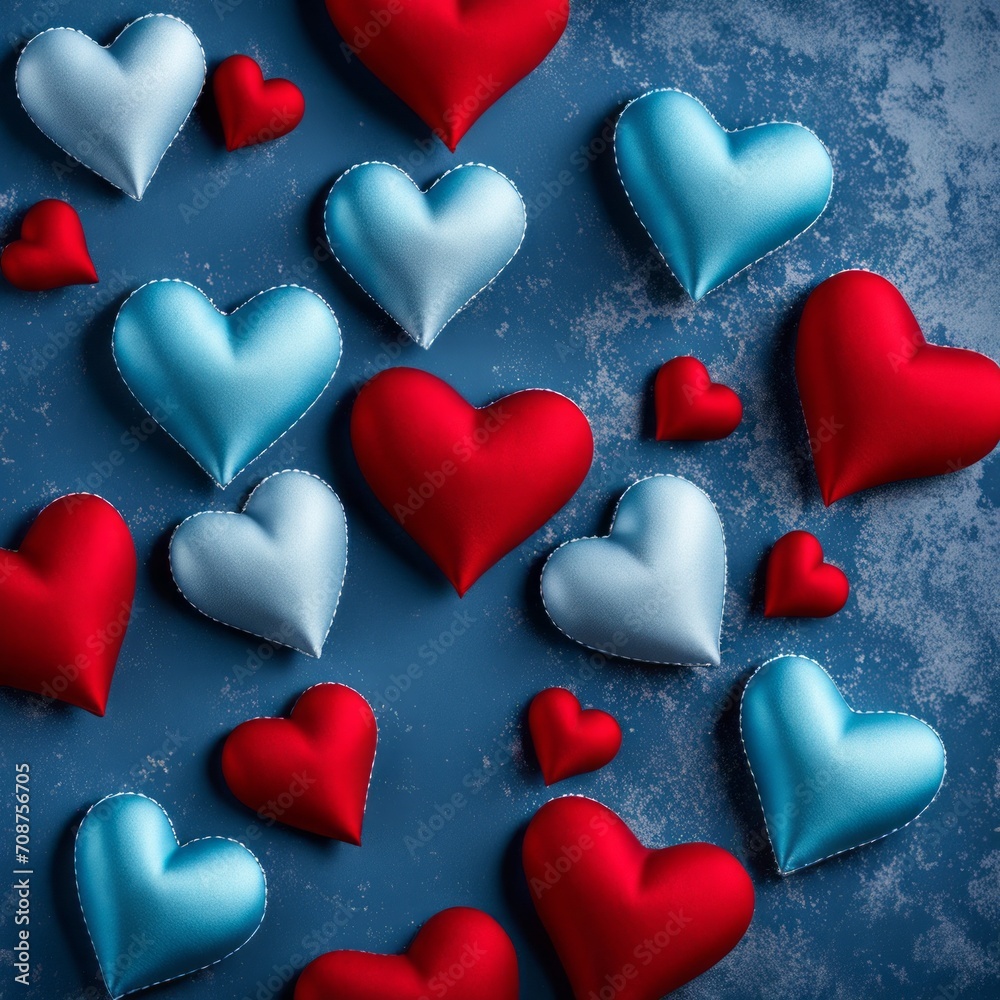 Obraz premium Blue and Red silk hearts on a Blue color background