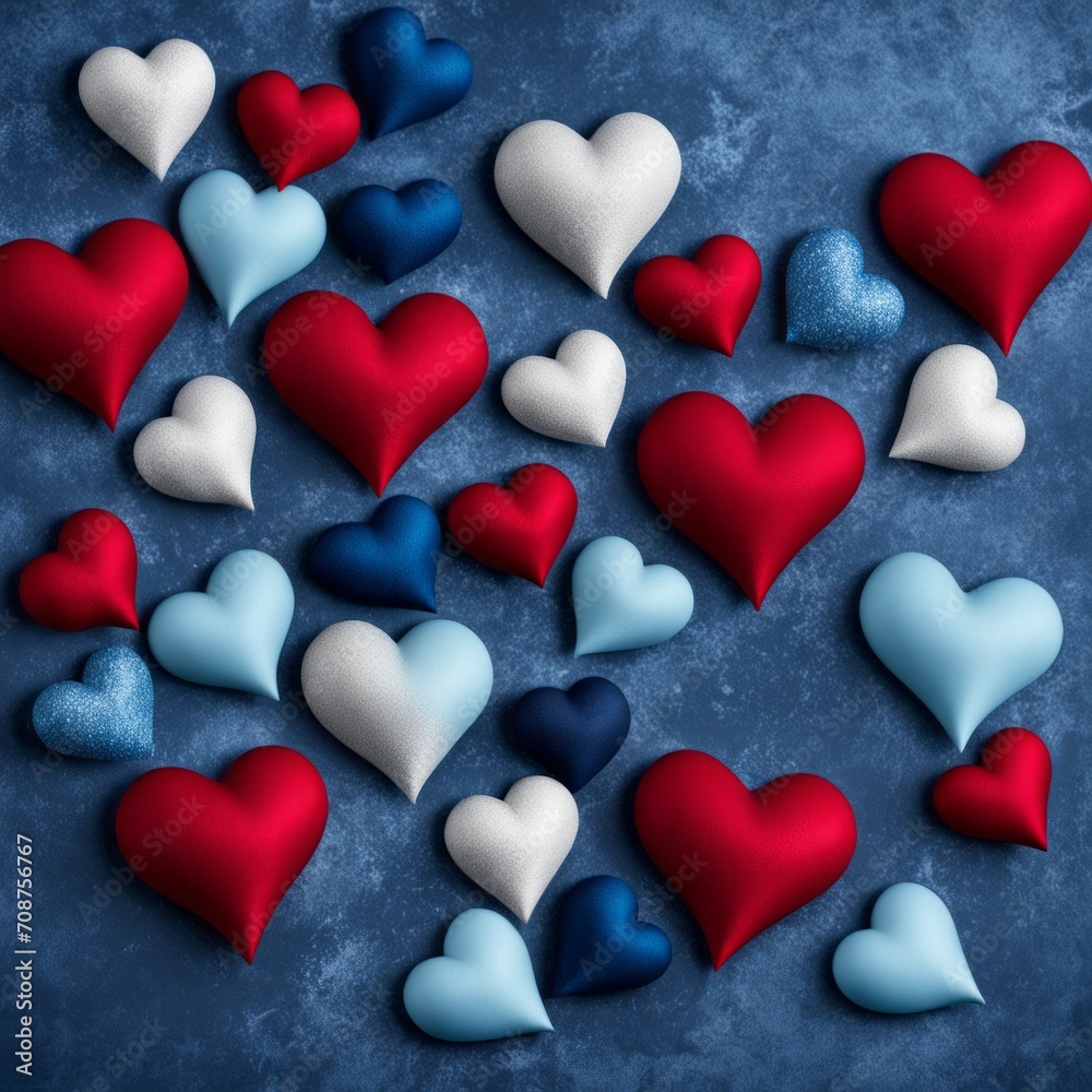 Blue and Red silk hearts on a Blue color background