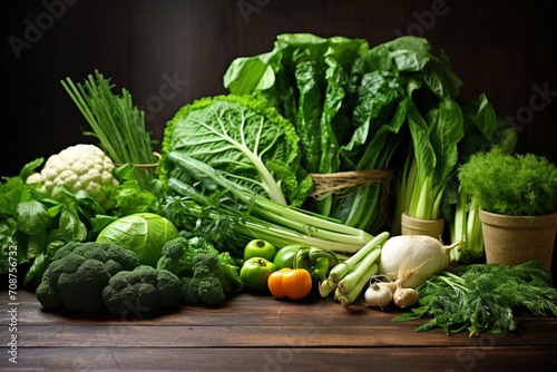 Fresh green vegetables on a wooden table