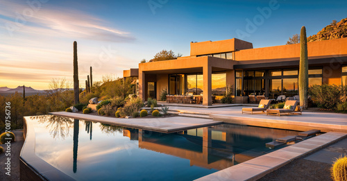Adobe home with pool and desert landscaping at sunset photo