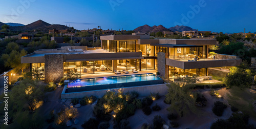 Modern upscale luxury home in a desert mountain community at night photo
