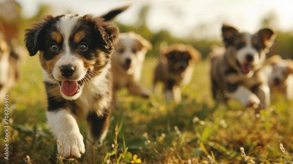  a group of puppies running in a field of grass with their mouths open and one dog looking at the camera while the other dog is running towards the camera.
