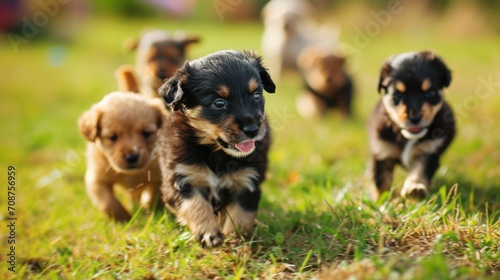  a group of puppies running in a field of grass with one puppy looking at the camera and the other running towards the camera with its mouth open wide open.
