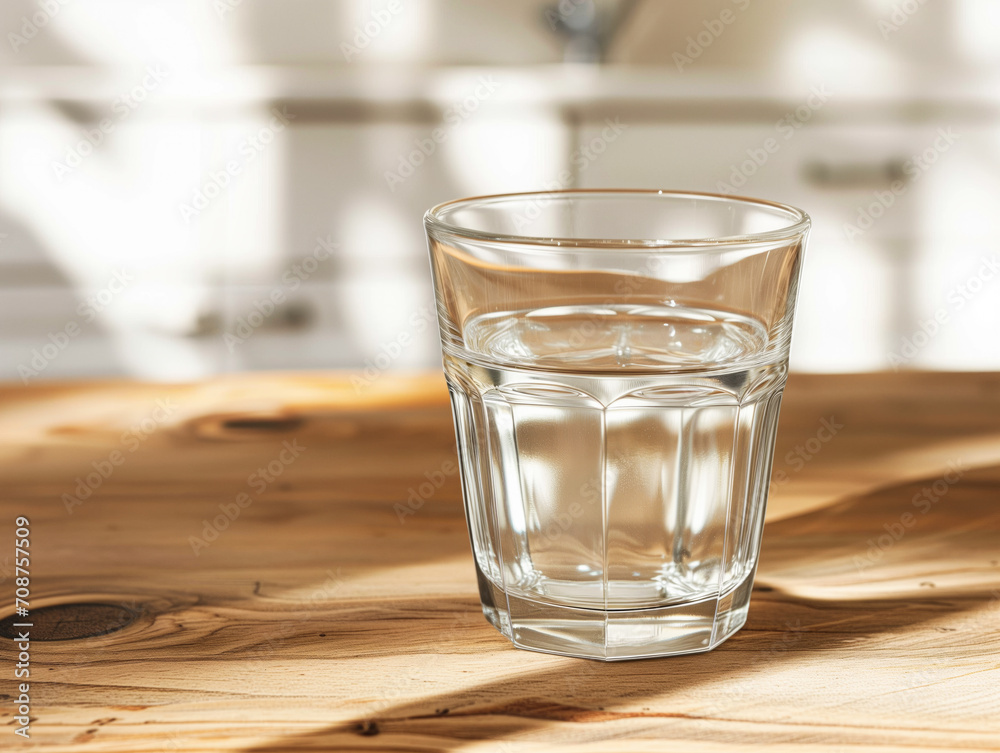 A clear glass with fresh water on wooden table A clear glass with fresh water on wooden table