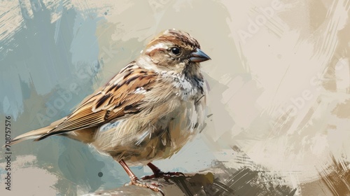  a brown and white bird sitting on top of a piece of wood next to a painting of a blue and white background with a brown bird on it's leg.