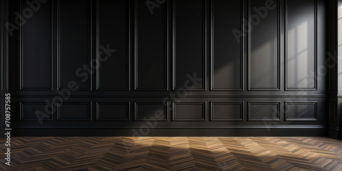 Modern classic black color empty interior with wall panels, moldings and wooden floor. Blank room with black wall panels backgrounds. photo