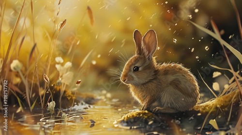  a painting of a rabbit sitting on a rock in the middle of a body of water with grass and flowers in the background and drops of dew on the water. © Anna