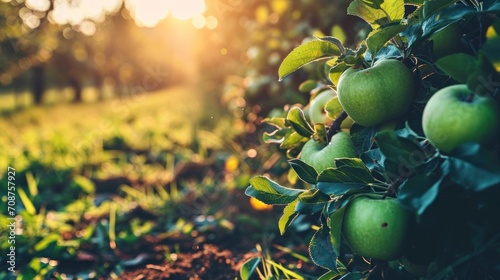  a tree filled with lots of green apples on top of a lush green field with sun flares in the distance behind the green apples on the tree are ready to be picked. photo