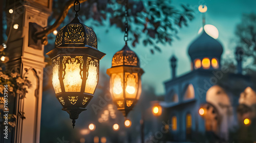 Arabic lantern in the night. Ramadan concept.