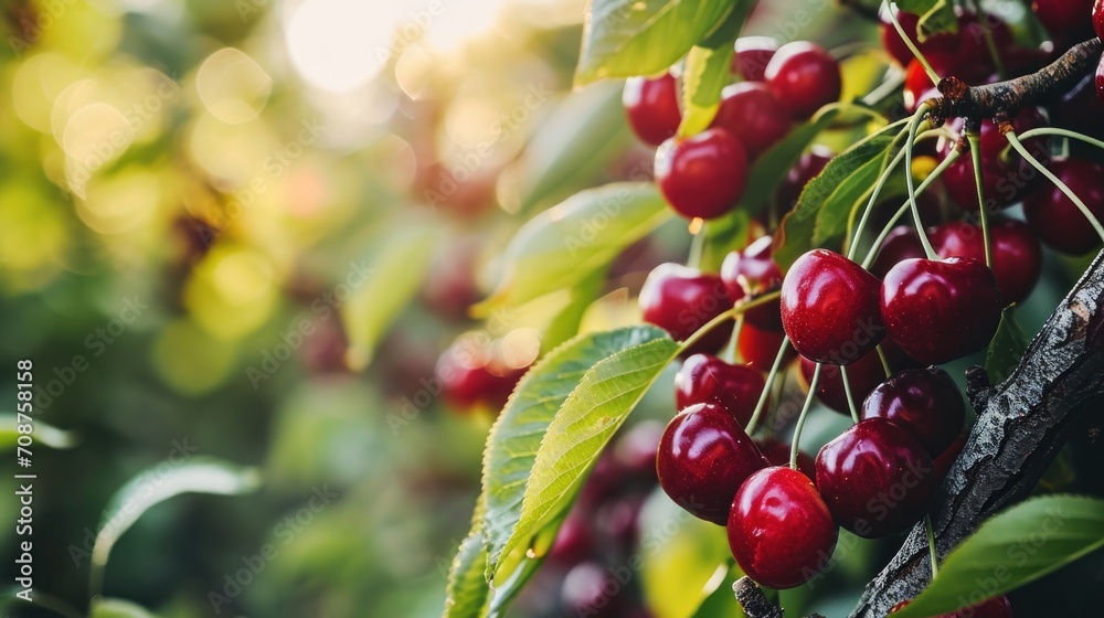 Obraz premium a tree filled with lots of ripe cherries on top of a green leaf covered tree branch next to a forest filled with lots of ripe cherries on a sunny day.