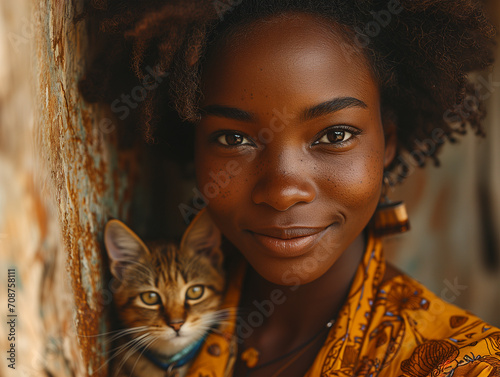 Black History Month Emotional close-up of African woman looking at camera with a kitten. Visual headshot of the peaceful expression of a black girl of African descent. Ethnic identity concept photo