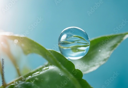 Beautiful drop of pure water on a transparent leaf on a light blue background close-up macro The con