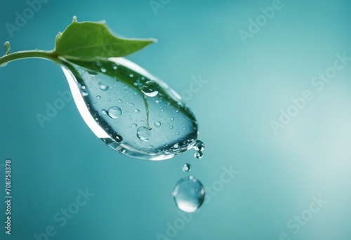 Beautiful drop of pure water on a transparent leaf on a light blue background close-up macro The con