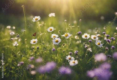 Beautiful field meadow flowers chamomile and violet wild bells and three flying butterflies in morni