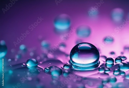 Beautiful large transparent water drops or rain water on blue purple turquoise soft background macro