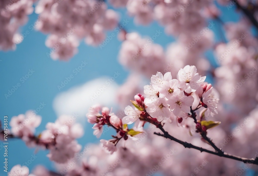 Branches blossoming cherry on background blue sky and white clouds in spring on nature outdoors Pink