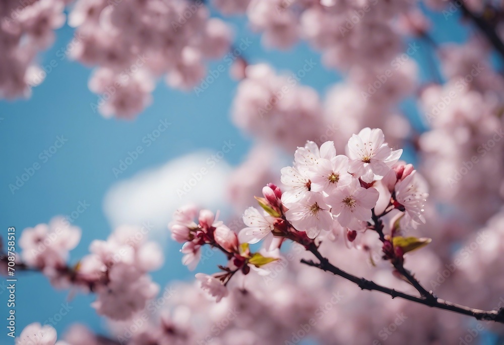 Branches blossoming cherry on background blue sky and white clouds in spring on nature outdoors Pink Branches blossoming cherry on background blue sky and white clouds in spring on nature outdoors Pink