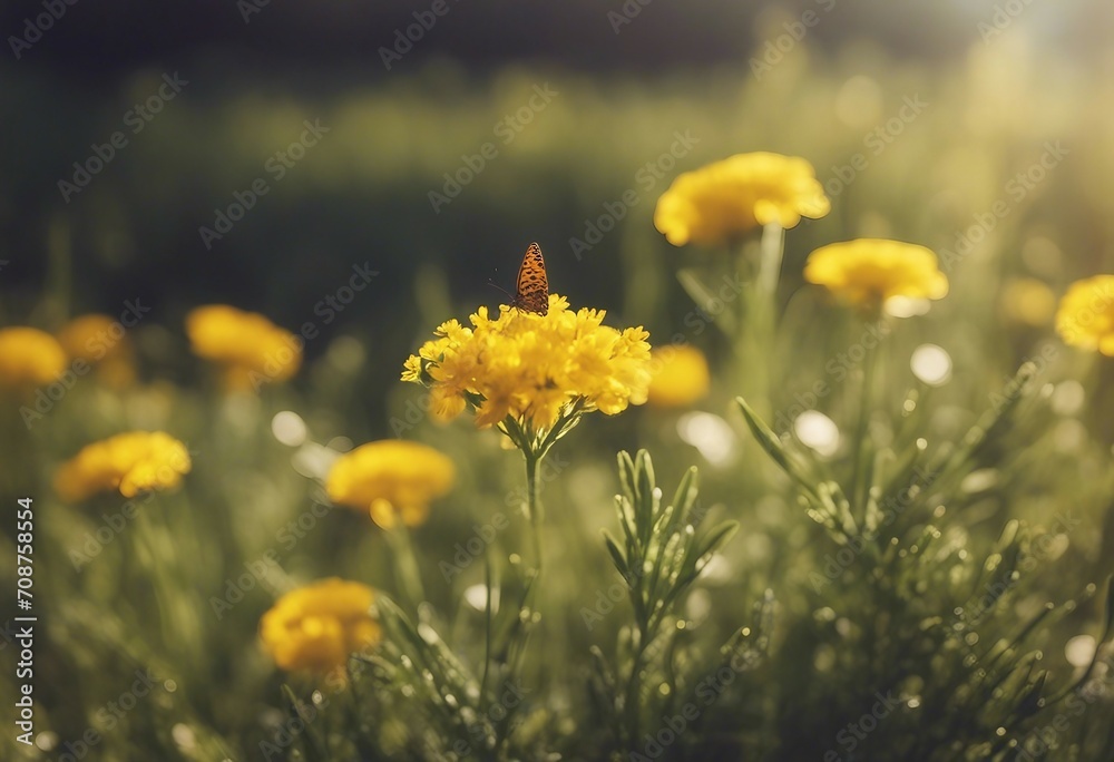 Cheerful buoyant spring summer shot of yellow Santolina flowers and butterflies in meadow in nature